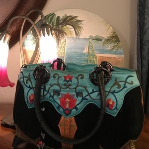 Papillon Embroidered Black Velvet & Aqua Silk Embroidered Small SATCHEL